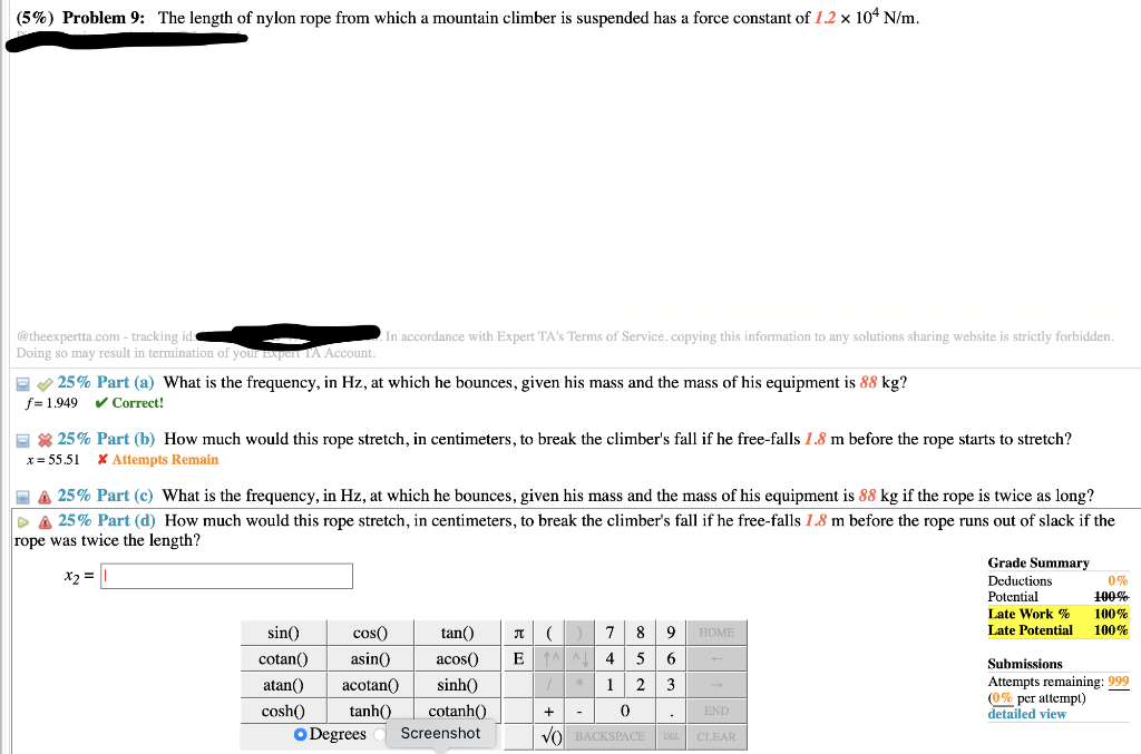 5 Problem 9 The Length Of Nylon Rope From Which A Mountain Climber Is Suspended Has A Force Constant Of 1 2 104 N M 1