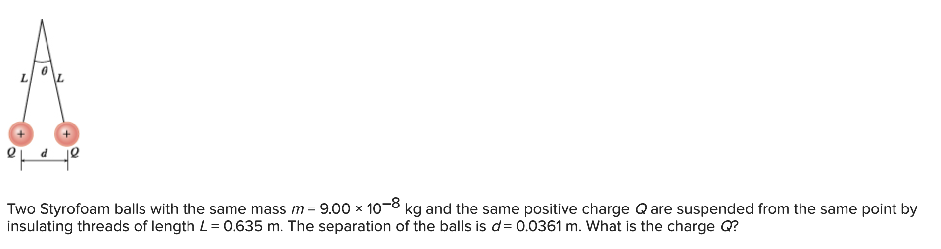 Two Styrofoam Balls With The Same Mass M 9 00 10 8 Kg And The Same Positive Charge Q Are Suspended From The Same Point B 1