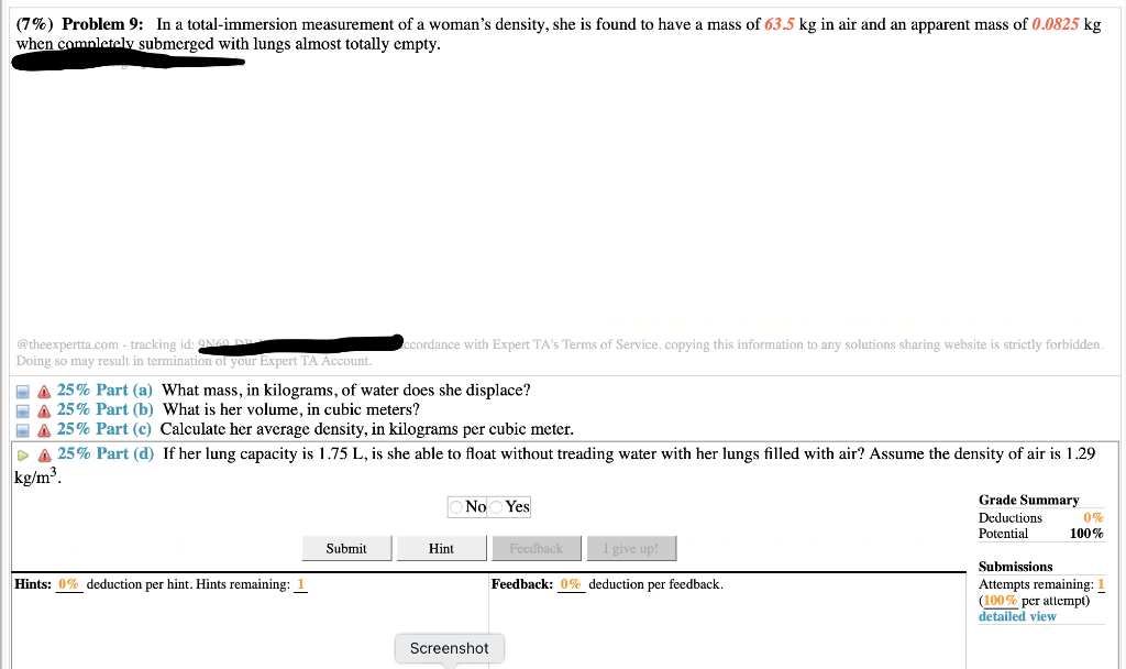 7 Problem 9 In A Total Immersion Measurement Of A Woman S Density She Is Found To Have A Mass Of 63 5 Kg In Air An 1