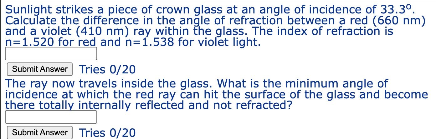 Sunlight Strikes A Piece Of Crown Glass At An Angle Of Incidence Of 33 3 Calculate The Difference In The Angle Of Refr 1