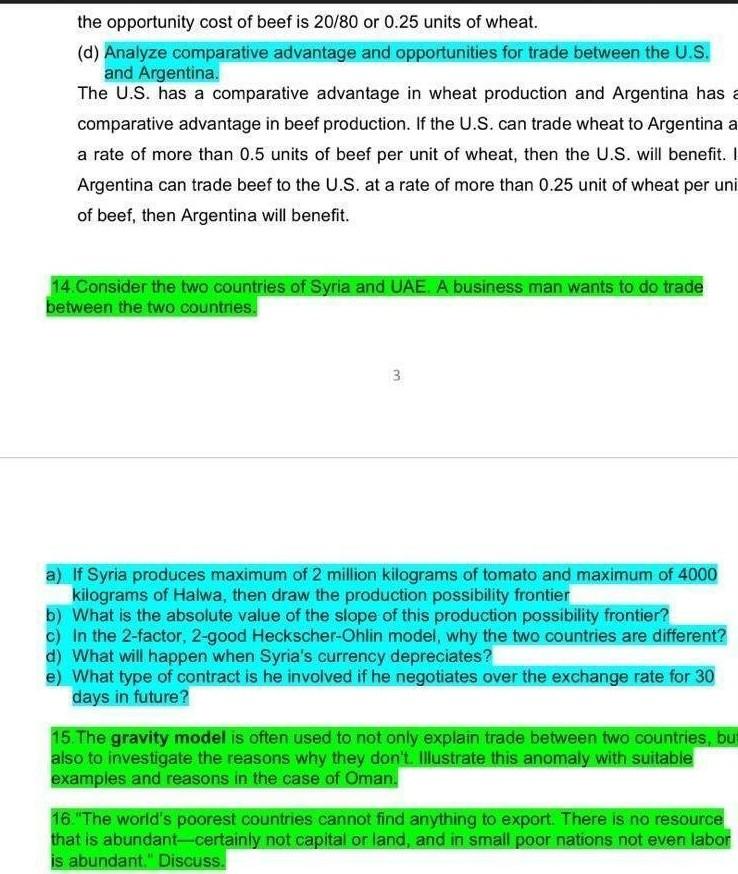 The Opportunity Cost Of Beef Is 20 80 Or 0 25 Units Of Wheat D Analyze Comparative Advantage And Opportunities For Tr 1