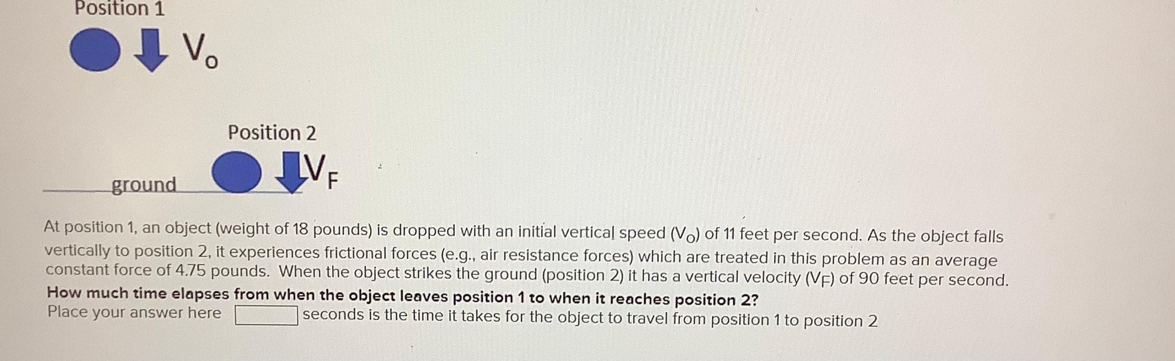 At Position 1 An Object Weight Of 18 Pounds Is Dropped With An Initial Vertical Speed 0 Of 11 Feet Per Second A 1