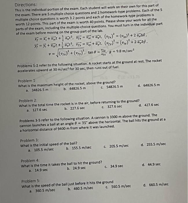 Directions This Is The Individual Portion Of The Exam Each Student Will Work On Their Own For This Part Of The Exam T 1