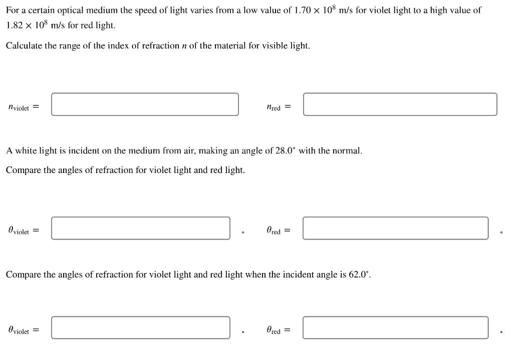 For A Certain Optical Medium The Speed Of Light Varies From A Low Value Of 1 70 108 M S For Violet Light To A High Value 1