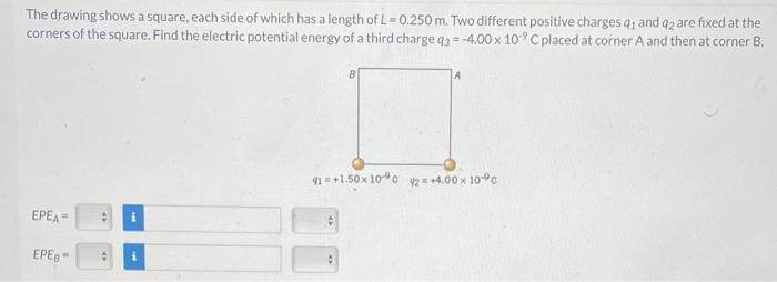 The Drawing Shows A Square Each Side Of Which Has A Length Of L 0 250 M Two Different Positive Charges Q1 And Q2 Are 1
