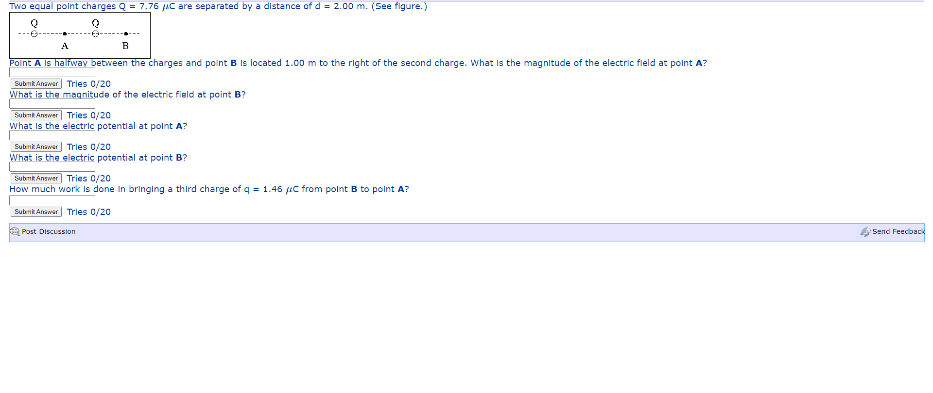 Point A Is Halfway Between The Charges And Point B Is Located 1 00 M To The Right Of The Second Charge What Is The Magn 1