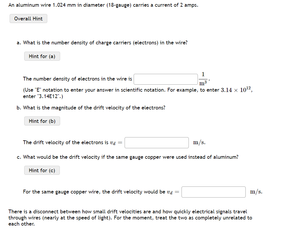 An Aluminum Wire 1 024 Mm In Diameter 18 Gauge Carries A Current Of 2 Amps A What Is The Number Density Of Charge Ca 1