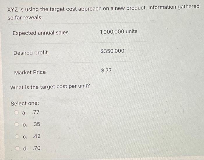 Xyz Is Using The Target Cost Approach On A New Product Information Gathered So Far Reveals Expected Annual Sales 1 000 1