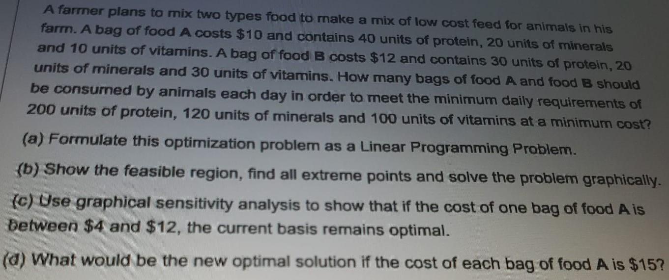 A Farmer Plans To Mix Two Types Food To Make A Mix Of Low Cost Feed For Animals In His Farm A Bag Of Food A Costs 10 A 1