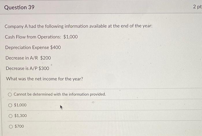 Question 39 2 Pt Company A Had The Following Information Available At The End Of The Year Cash Flow From Operations 1 1
