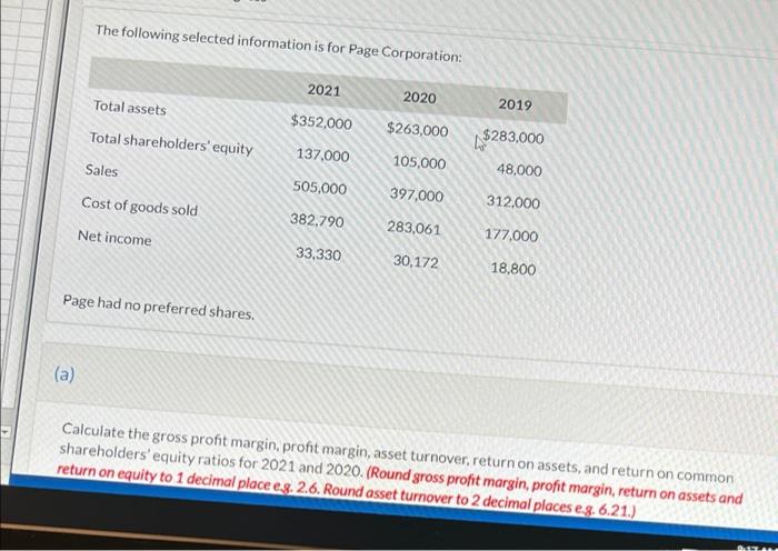 The Following Selected Information Is For Page Corporation Total Assets 2021 352 000 2020 2019 263 000 Total Sharehol 1