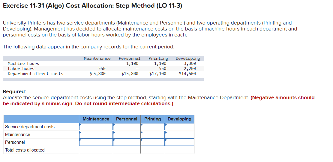 Exercise 11 31 Algo Cost Allocation Step Method Lo 11 3 University Printers Has Two Service Departments Maintenanc 1