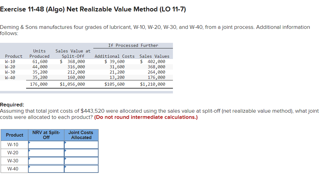 Exercise 11 48 Algo Net Realizable Value Method Lo 11 7 Deming Sons Manufactures Four Grades Of Lubricant W 10 W 1