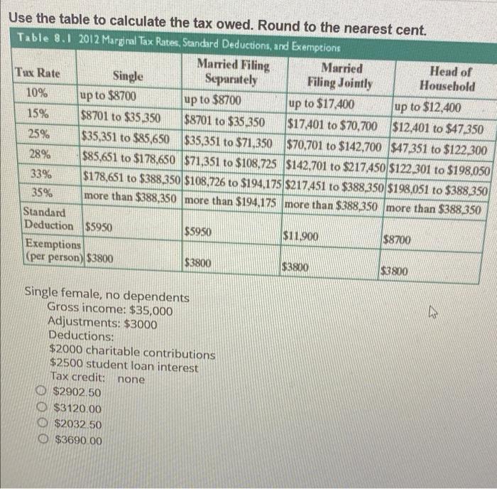 Up To 8700 Up To 8700 Use The Table To Calculate The Tax Owed Round To The Nearest Cent Table 9 1 2012 Marginal Tax 1