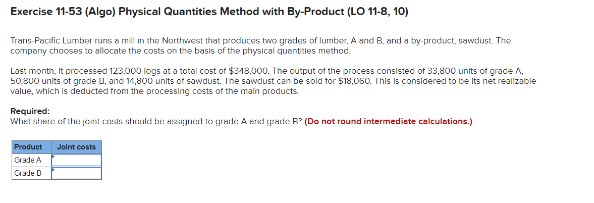 Exercise 11 53 Algo Physical Quantities Method With By Product Lo 11 8 10 Trans Pacific Lumber Runs A Mill In The N 1