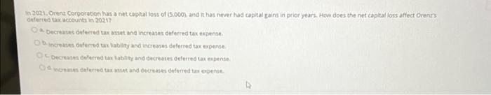 2021 Orent Corporation Has A Net Capital Loss Of 3 000 And It Has Never Had Capital Gains In Prior Years How Does The 1
