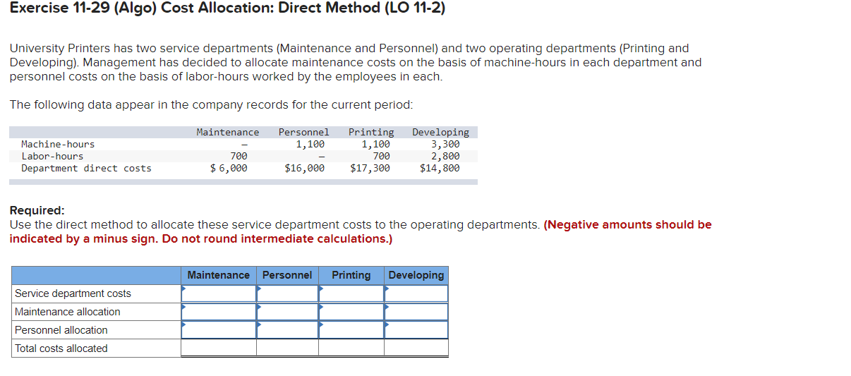 Exercise 11 29 Algo Cost Allocation Direct Method Lo 11 2 University Printers Has Two Service Departments Maintena 1
