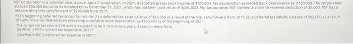St Corporation Is A Calendar Year Accrual Basis Corporation In 2021 Reported Pretax Book Income Of 400 000 Tax Depr 1