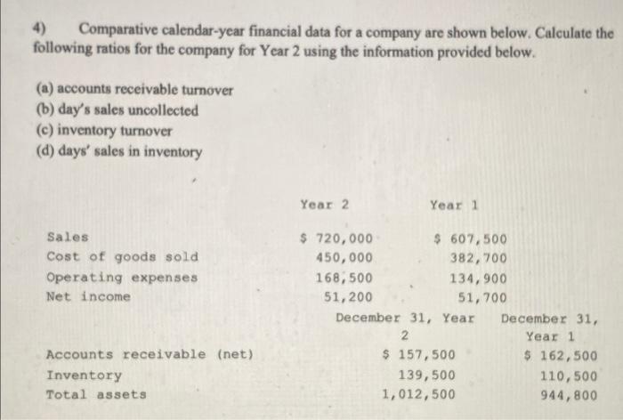 4 Comparative Calendar Year Financial Data For A Company Are Shown Below Calculate The Following Ratios For The Compan 1