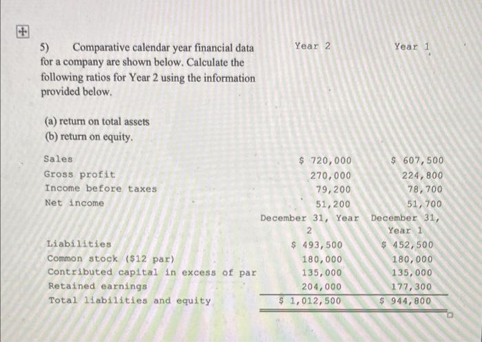 Year 2 Year 1 5 Comparative Calendar Year Financial Data For A Company Are Shown Below Calculate The Following Ratios 1