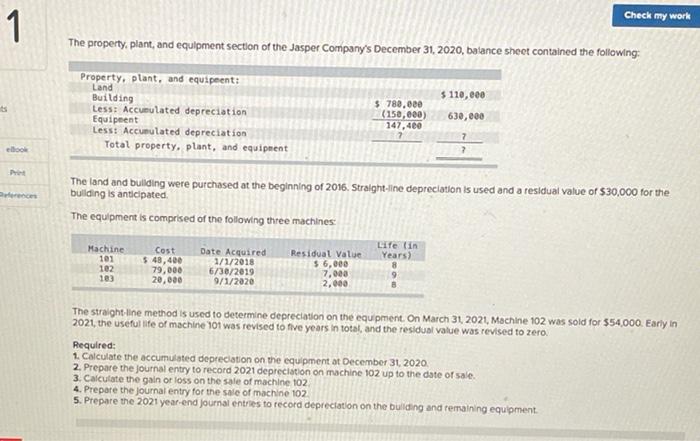 Check My Work 1 The Property Plant And Equipment Section Of The Jasper Company S December 31 2020 Balance Sheet Cont 1