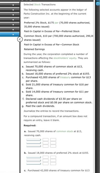 Selected Stock Transactions The Following Selected Accounts Appear In The Ledger Of Parks Construction Inc At The Begin 1