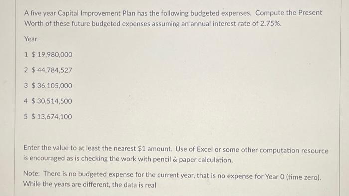 A Five Year Capital Improvement Plan Has The Following Budgeted Expenses Compute The Present Worth Of These Future Budg 1