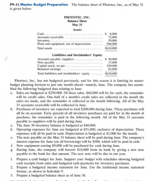 P9 11 Master Budget Preparation The Balance Sheet Of Phototec Inc As Of May 31 Is Given Below Phototec Inc Balance 1