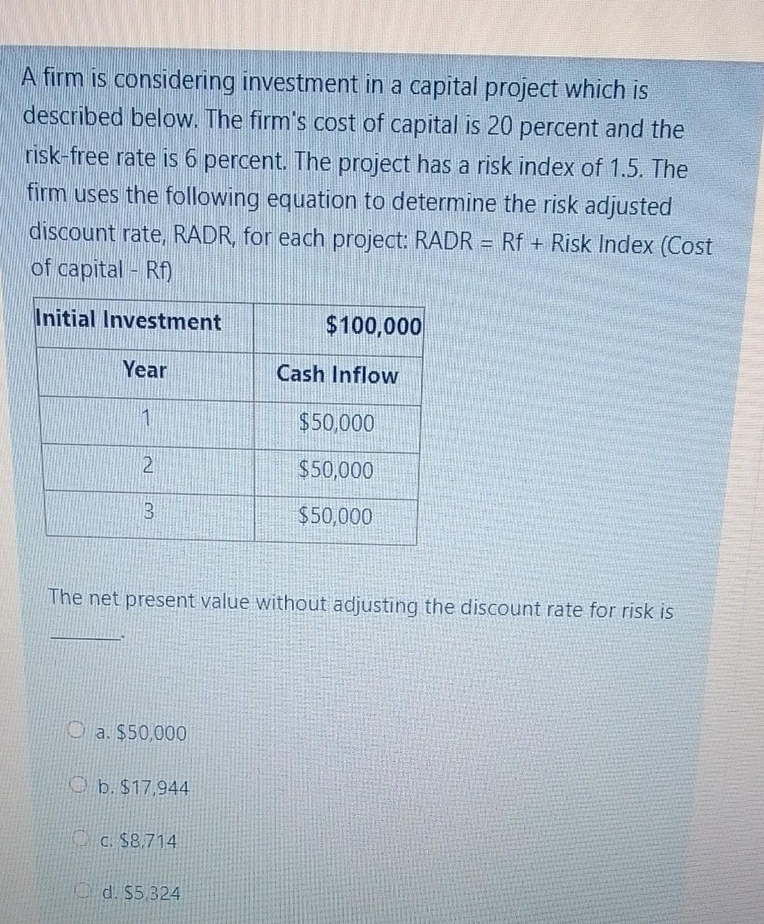 A Firm Is Considering Investment In A Capital Project Which Is Described Below The Firm S Cost Of Capital Is 20 Percent 1