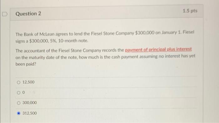 1 5 Pts Question 2 The Bank Of Mclean Agrees To Lend The Fiesel Stone Company 300 000 On January 1 Fiesel Signs A 300 1
