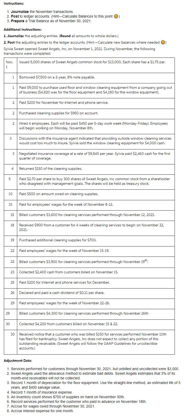Instructions 1 Journalize The November Transactions 2 Post To Ledger Accounts Hint Calculate Balances To This Poin 1