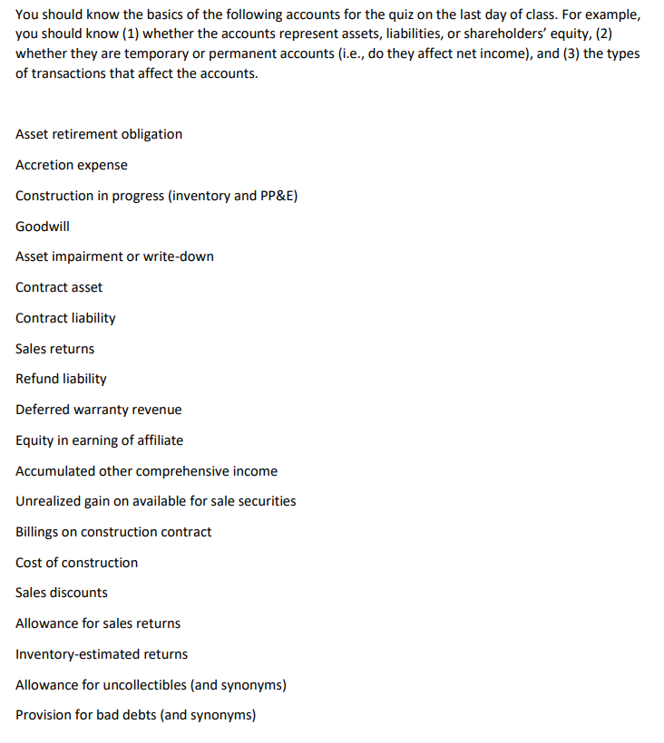 You Should Know The Basics Of The Following Accounts For The Quiz On The Last Day Of Class For Example You Should Know 1
