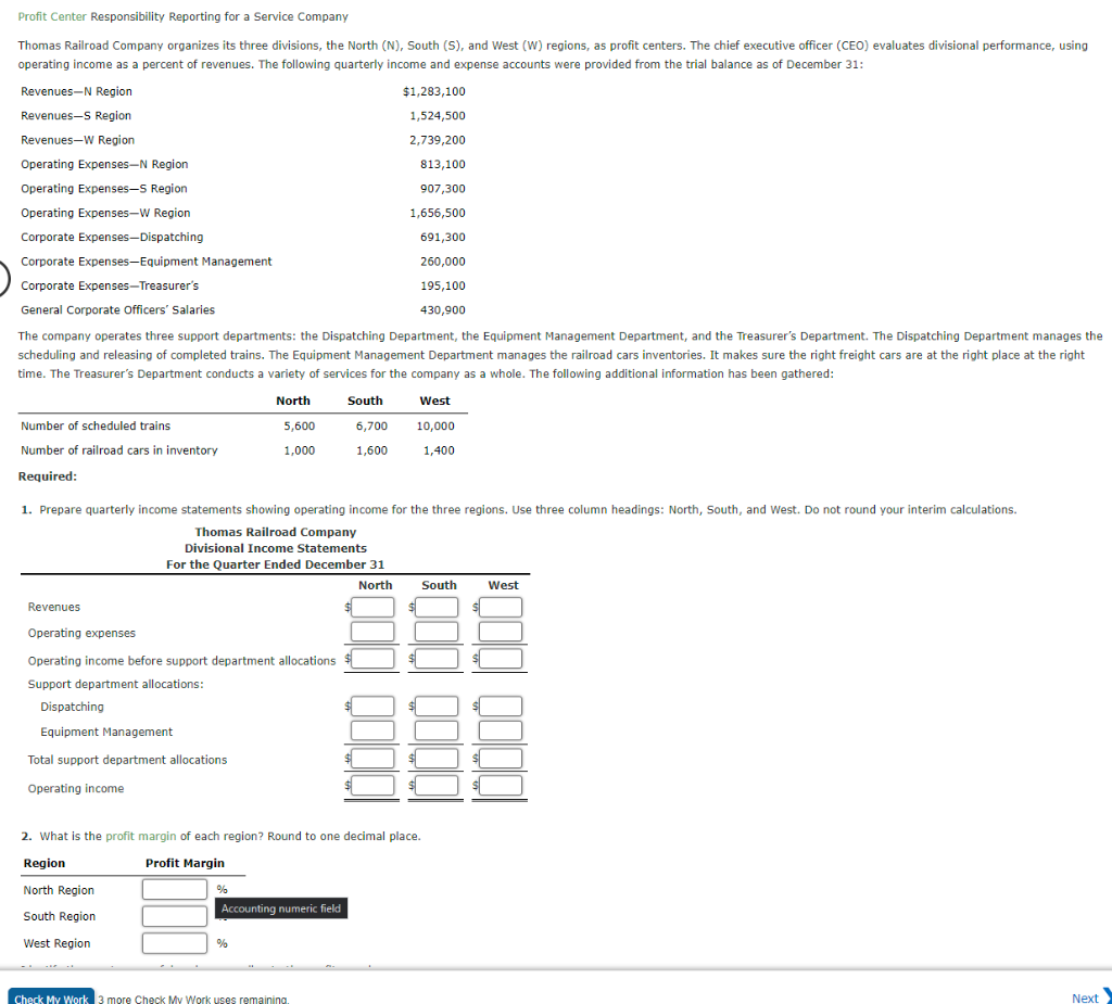 Profit Center Responsibility Reporting For A Service Company Thomas Railroad Company Organizes Its Three Divisions The 1