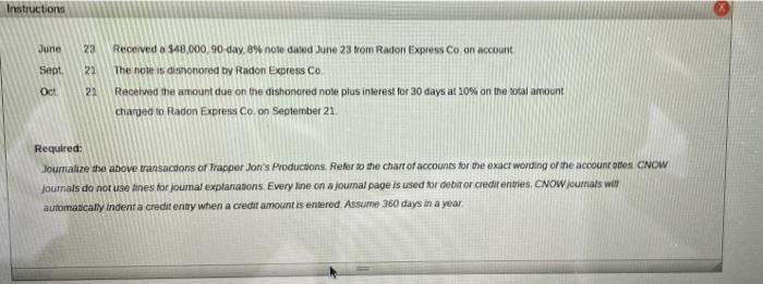 Instructions June 23 Received A 48 000 90 Day 8 Note Dated June 23 From Radon Express Co On Account Sept 22 Oct 21 Th 1