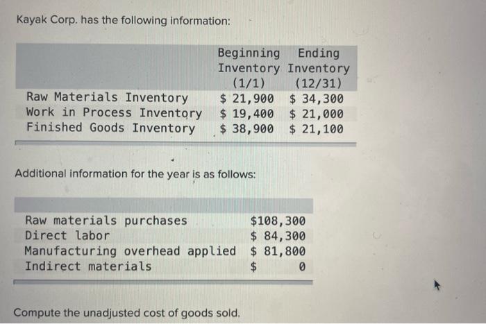 Kayak Corp Has The Following Information Raw Materials Inventory Work In Process Inventory Finished Goods Inventory Be 1