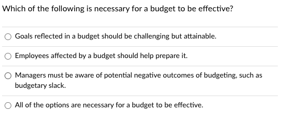 Which Of The Following Is Necessary For A Budget To Be Effective Goals Reflected In A Budget Should Be Challenging But 1
