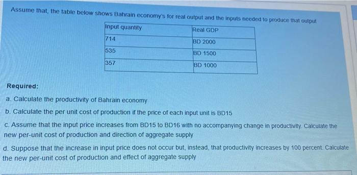 Assume That The Table Below Shows Bahrain Economy S For Real Output And The Inputs Needed To Produce That Output Input 1
