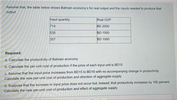 Assume That The Table Below Shows Bahrain Economy S For Real Output And The Inputs Needed To Produce That Output Input Q 1