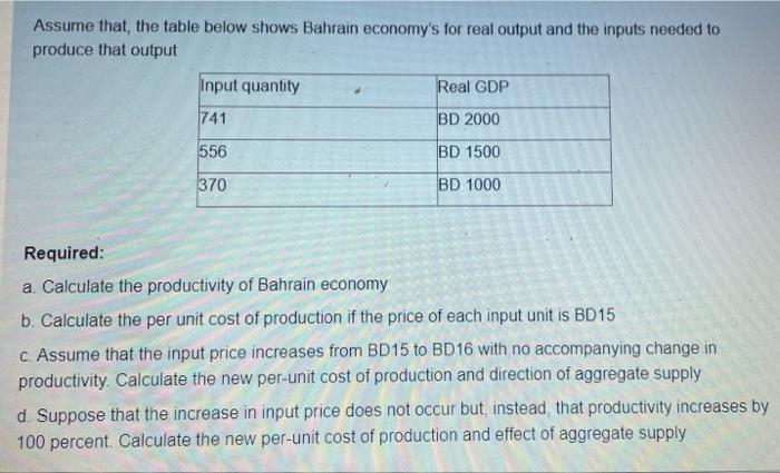 Assume That The Table Below Shows Bahrain Economy S For Real Output And The Inputs Needed To Produce That Output Input 1