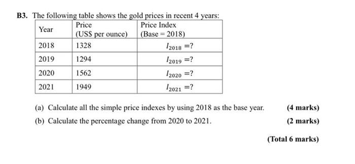 Price B3 The Following Table Shows The Gold Prices In Recent 4 Years Year Price Index Uss Per Ounce Base 2018 20 1