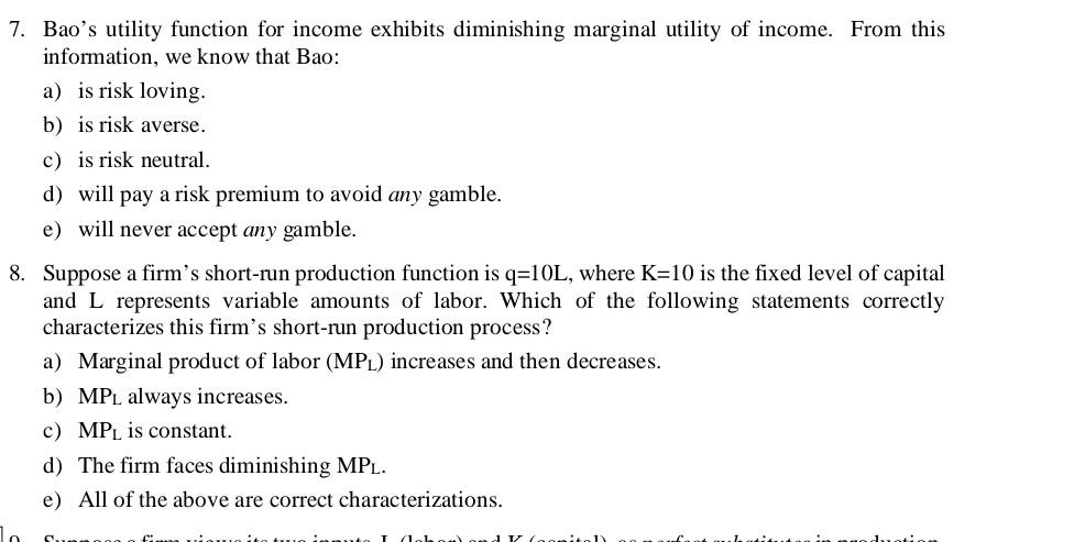 7 Bao S Utility Function For Income Exhibits Diminishing Marginal Utility Of Income From This Information We Know Tha 1