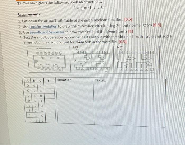 Q1 You Have Given The Following Boolean Statement F 2m 1 2 3 6 Requirements 1 List Down The Actual Truth Tabl 1
