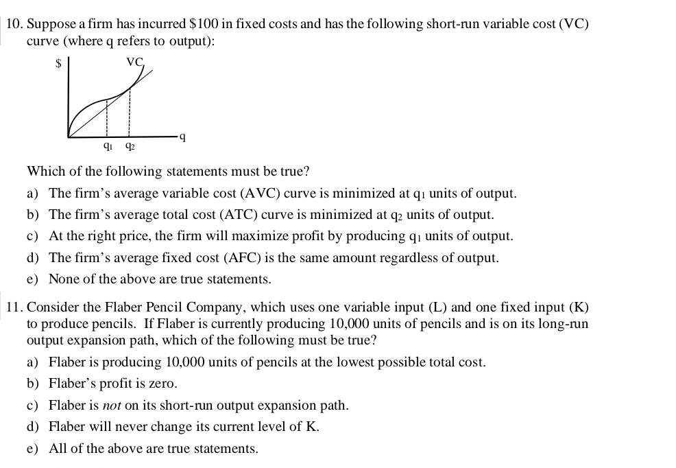 10 Suppose A Firm Has Incurred 100 In Fixed Costs And Has The Following Short Run Variable Cost Vc Curve Where Q Re 1