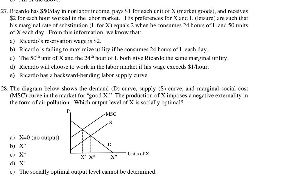 27 Ricardo Has 50 Day In Nonlabor Income Pays 1 For Each Unit Of X Market Goods And Receives 2 For Each Hour Wor 1