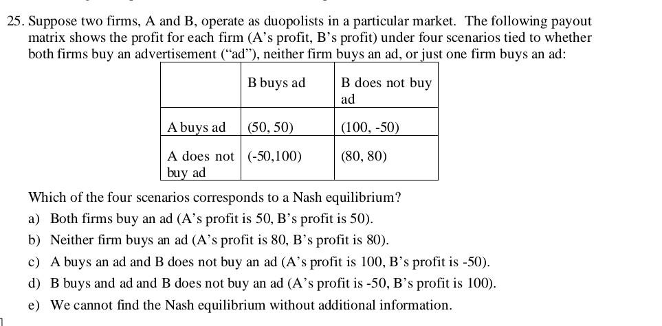 25 Suppose Two Firms A And B Operate As Duopolists In A Particular Market The Following Payout Matrix Shows The Prof 1