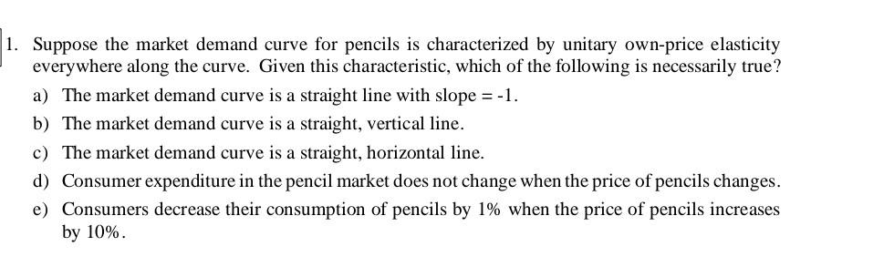 1 Suppose The Market Demand Curve For Pencils Is Characterized By Unitary Own Price Elasticity Everywhere Along The Cur 1
