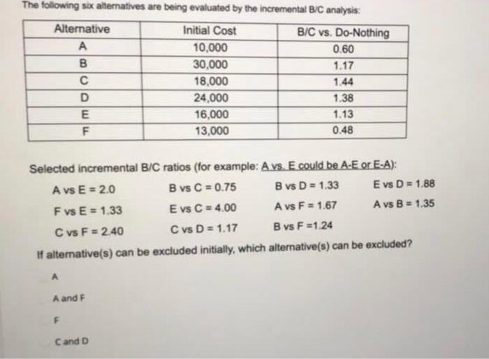 The Following Sex Alternatives Are Being Evaluated By The Incremental Bc Analysis Alternative Initial Cost B C Vs Do No 1