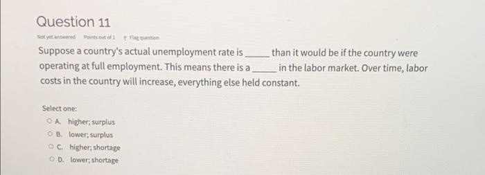 Question 11 Not Yet Wowered Points Out Of Res Question Suppose A Country S Actual Unemployment Rate Is Than It Would Be 1
