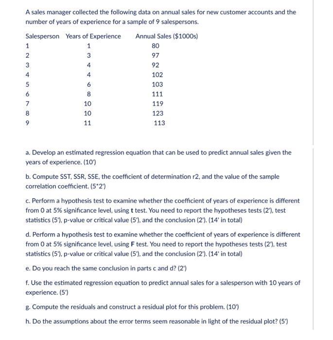 3 A Sales Manager Collected The Following Data On Annual Sales For New Customer Accounts And The Number Of Years Of Expe 1