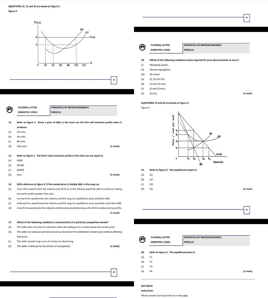 Questions 14 15 And 16 Are Based On Figure 2 Figure 2 20 Price Mc Ac 0 Price Tutorial Letter Semester 1 2022 Principl 1